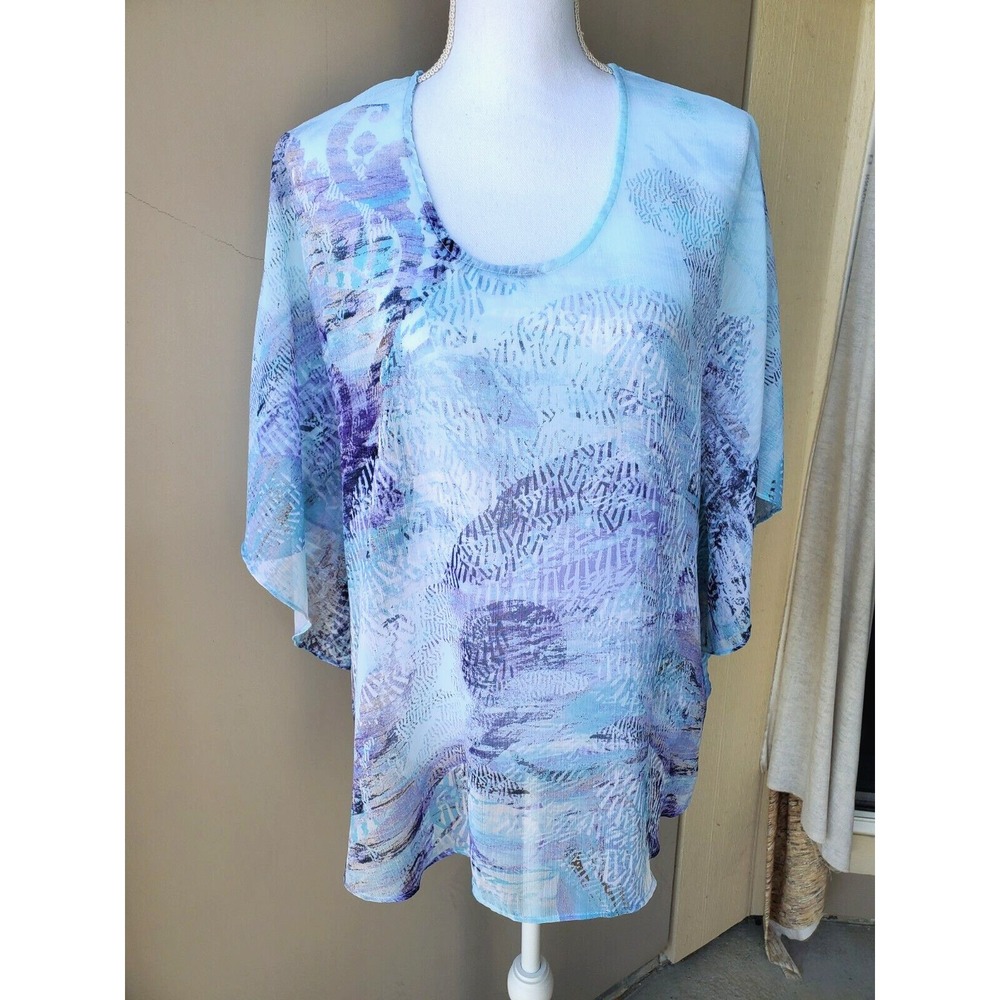 Chicos Batwing Sheer Blouse Women S/M Blue Purple Costal Artsy Beach Popover Top